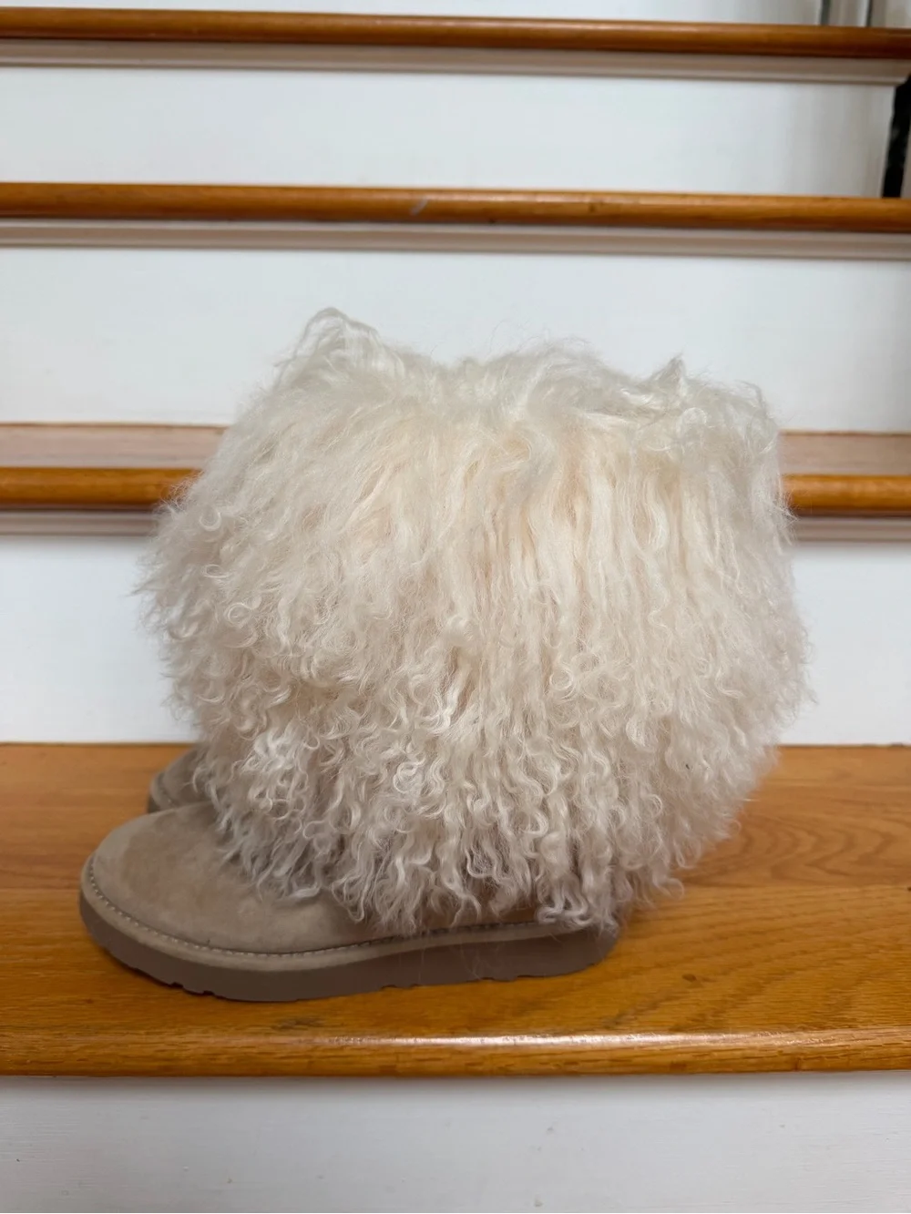 UGG Used Sheepskin Curly Fur Mid-Calf Boots in Beige